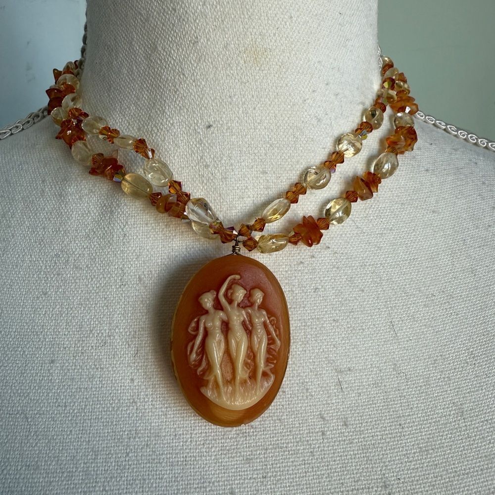 Vintage Creamsicle Carved Cameo Necklace with The Three Graces Motif